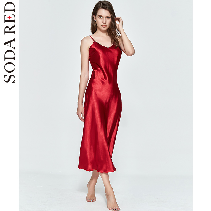 女士夏季睡衣女薄款冰丝绸性感吊带睡裙加长款裙子夏天红色结婚