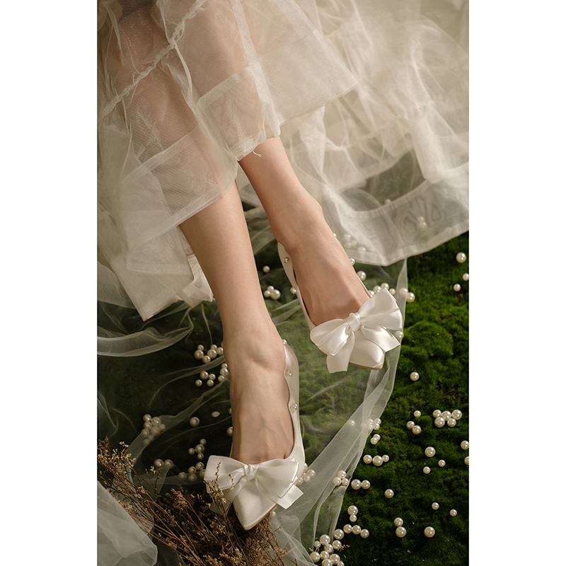 【椿】初 霁/蝴蝶结侧曲线珍珠尖头细跟高跟鞋仙女风公主伴娘婚鞋