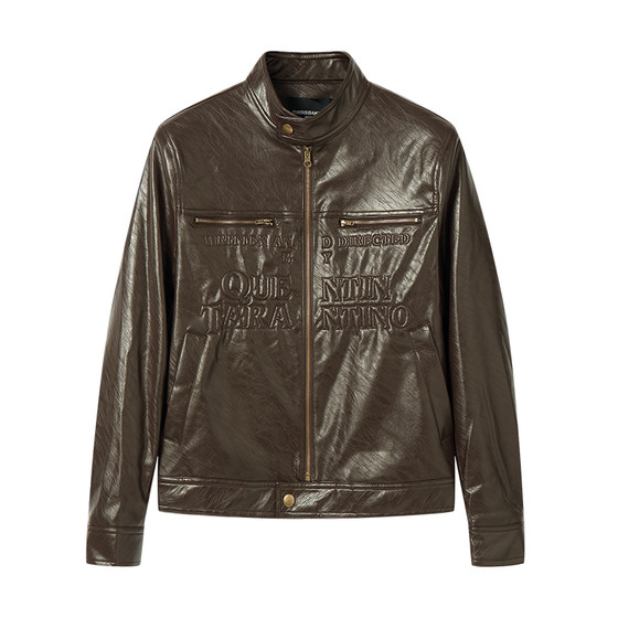 
Baikouyang [Muse Love Word] VINTAGE three-dimensional embossed texture embossed short silhouette leather jacket men