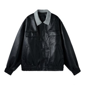 
BJHG Reckless Retro Lapel Leather Jacket Coat Men's Spring Workwear Top Spliced Short Jacket Women