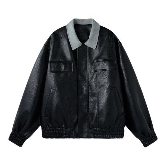 
BJHG Reckless Retro Lapel Leather Jacket Coat Men's Spring Workwear Top Spliced Short Jacket Women