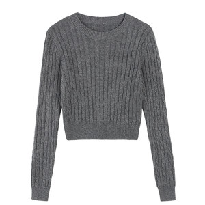 
MULVAN Multiple Wears! Retro round neck twist sweater knitted sweater for women short waist-hugging base shirt top