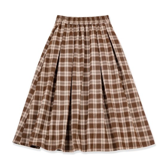 
Madden Retro Brown Maillard Plaid Brushed Long Workwear Elastic Waist Swing Skirt Women's Autumn and Winter