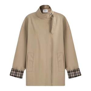 Fano British style cuff contrasting plaid splicing mid-length metal four-buckle windbreaker jacket for women