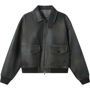 LEZORA vintage A2! Hand-made colored old goat leather brushed plaid flight jacket men