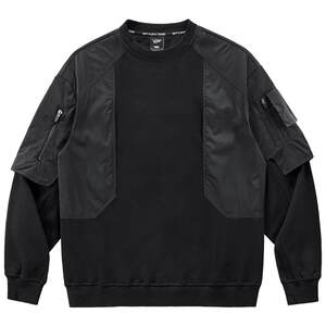 
VIP functional round neck sweatshirt men's splicing fake two heavy long-sleeved T-shirt trendy brand cyberpunk design top