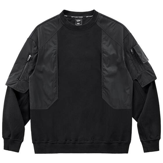 
VIP functional round neck sweatshirt men's splicing fake two heavy long-sleeved T-shirt trendy brand cyberpunk design top