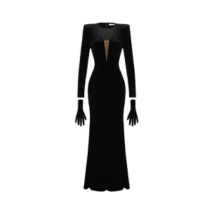 XULU original innovative velvet niche high-end Hepburn style elegant deep V-neck long-sleeved slim high-waist dress
