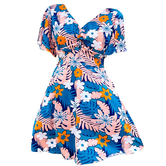 Large size swimsuit for women, chubby mm, new style with belly covering, conservative and fashionable one-piece printed skirt style, big chest gathering, soaking in hot spring swimsuit