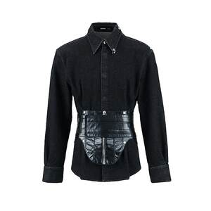 
455EMBLE original design fish bone waist seal waist jean shirt removable shoulder pad top for men and women