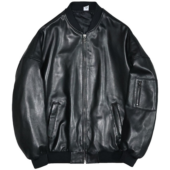 
The top layer sheep genuine leather jacket for men and women loose Korean version of young people simple lazy boyfriend style casual baseball suit