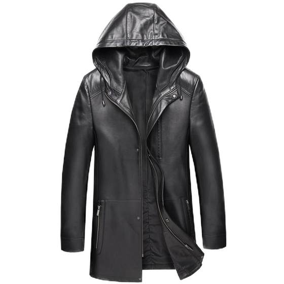 
Hooded Haining genuine leather leather jacket men's windbreaker mid-length thickened down jacket sheepskin jacket casual trendy jacket