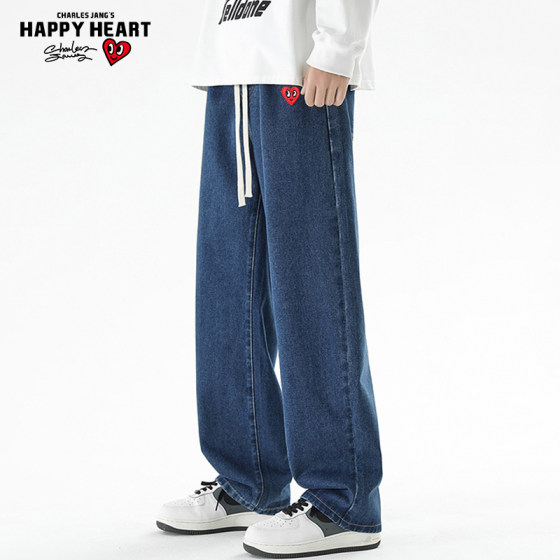 Charles Heart Jeans Men's Spring Autumn and Winter Loose Straight Wide Leg Drawstring 2024 New Casual Pants