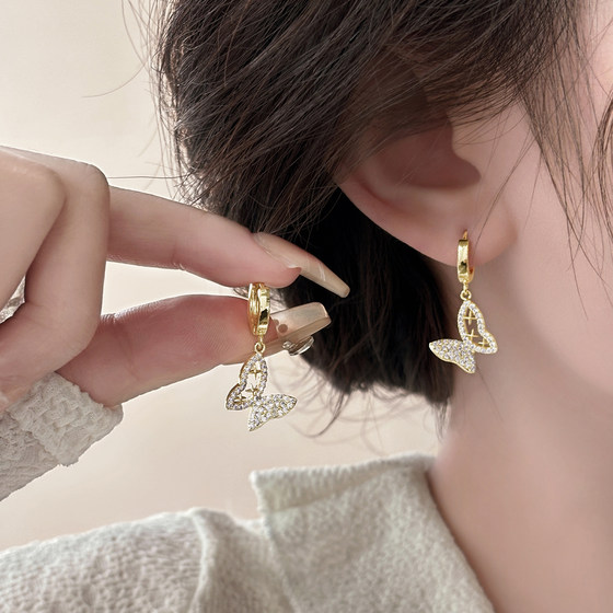 earrings butterfly ເພັດເຕັມຮູບແບບ niche ການອອກແບບສູງ earrings 2024 ຮູບແບບຮ້ອນໃຫມ່ sterling silver earrings temperament earrings