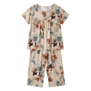 
Summer cotton silk pajamas for women short-sleeved mother middle-aged and elderly cropped pants loose large size artificial cotton home clothing set