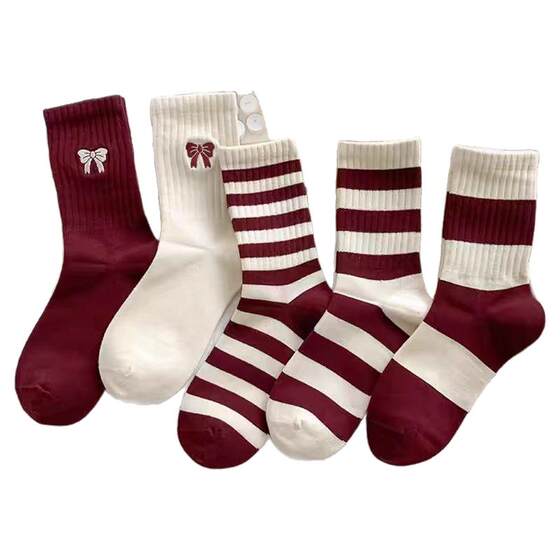 
2026 internet celebrity new year red socks ancola striped mid-tube bow burgundy miu style girly style benmingnian