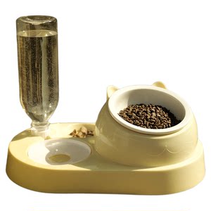 
Cat bowl and dog basin, automatic drinking water for pets, double bowl, anti-tip, stainless steel dog food basin, ceramic cat supplies