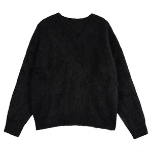 Neva hu black mink Vedic V -neck sweater female autumn and winter lazy loose slogan knit sweater hair top
