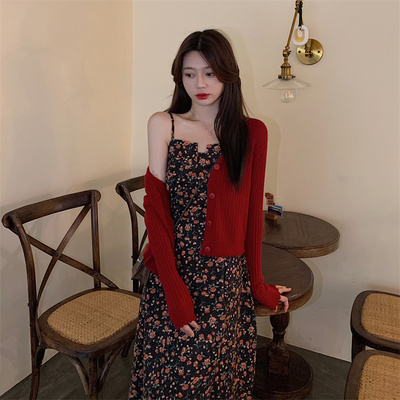 taobao agent Autumn cardigan, jacket, dress, set, plus size, 2021 collection, floral print
