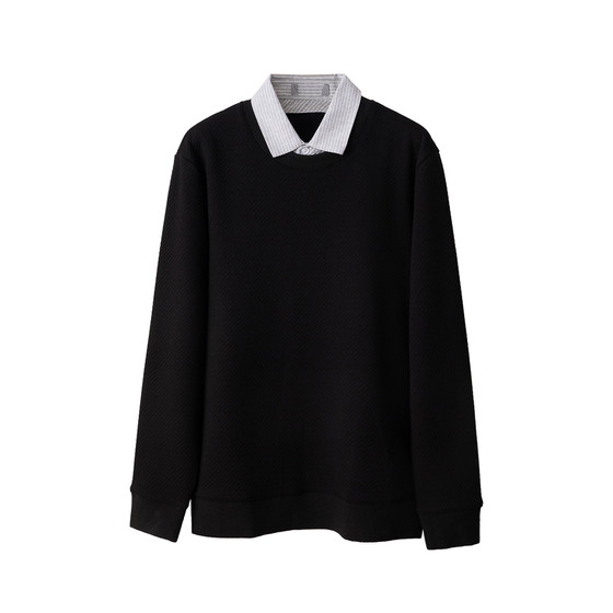 
On sale at the counter! Fleece fake two-piece men's long-sleeved bottoming shirt, comfortable and warm, loose pullover with T-shirt knitted inside