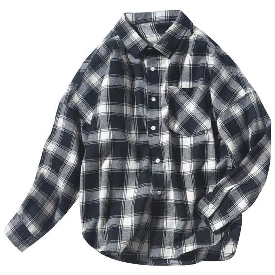
Black and white plaid shirt men's student tops casual teen couple shirts handsome versatile brushed jacket
