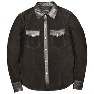 Top-layer frosted goatskin contrasting leather shirt for men's retro leather jacket slim lapel thin jacket
