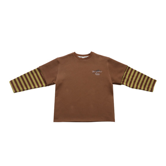 
Q Baojia Children's Products January New Boys' Fake Two-Piece Sweatshirt Spring Style Children's Striped Round Neck Long-Sleeved T-Shirt Top Trendy