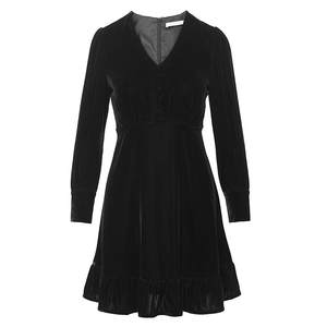 
[Langzi Outlet] Langzi French retro velvet long-sleeved V-neck high-waist little black dress for women winter new black tie