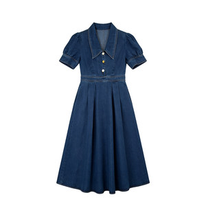 
Blue Lyocell Tencel Short Sleeve Denim Dress Women's 2026 Summer New French Retro Waist Long Skirt