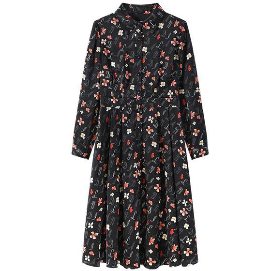 
LANDI blue floral print retro elegant temperament shirt dress women's high waist midi skirt spring new product