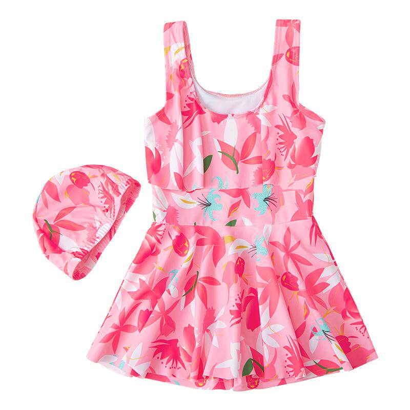 GRACE KARIN Badpak voor meisjes, ronde hals, tweedelig, lange mouwen, bloemenpatroon, zomer, zwempak voor kinderen, donkerblauw, bloemen, 6-7 Jaar