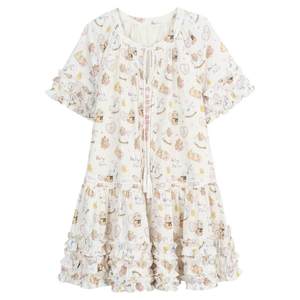 
KEIKO cartoon small floral white dress summer three-dimensional pleated ruffled round neck A-line doll skirt