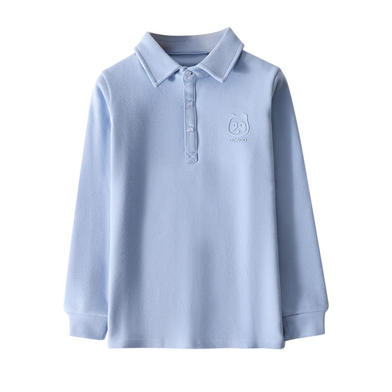 300G heavyweight boy pure cotton POLO shirt plus velvet spring and autumn long-sleeved T-shirt children's inner bottoming school uniform white shirt
