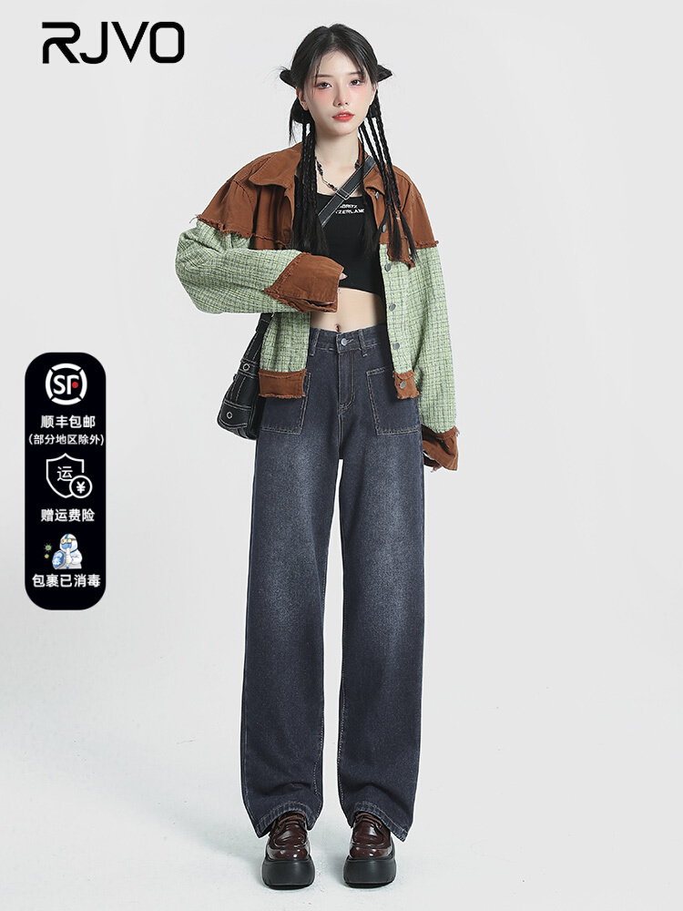 RJVO retro blue high-waisted jeans women's 2022 autumn and winter front pocket cut gradient layered wide-leg straight-leg mopping pants