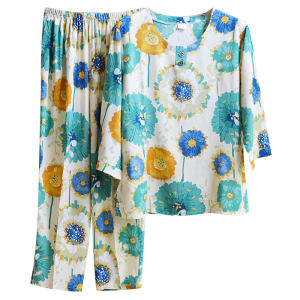 Cotton and silk pajamas female summer sleeve set Mom, silk home clothing thin, middle -aged and elderly wearing artificial cotton two -piece set