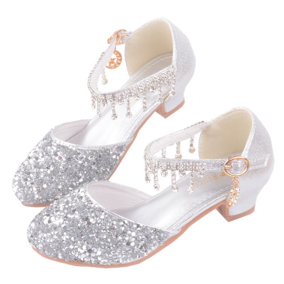 
Girls' shoes shiny and fashionable rhinestone princess shoes 5 performance 6 small heels 9 years old 7 host stage girls' crystal shoes