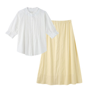 
Zhizhi's premium maternity suit, summer outer wear, high-end wear for pregnant mothers, white ear-trimmed shirt, skirt, two-piece set