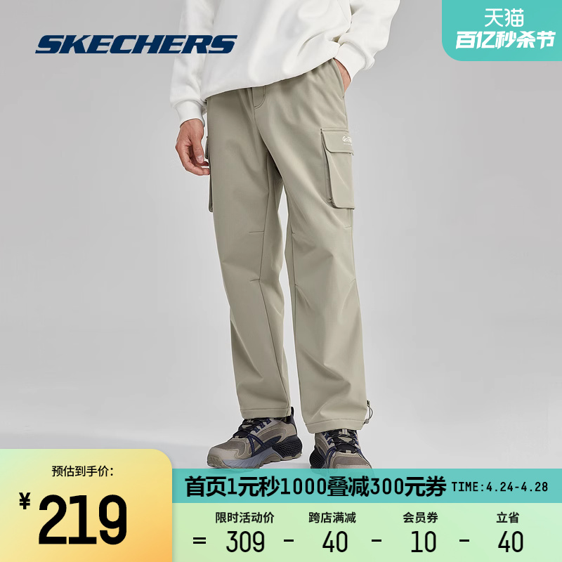 Skechers斯凯奇新款运动长裤户外风防泼水加绒保暖时尚工装裤子