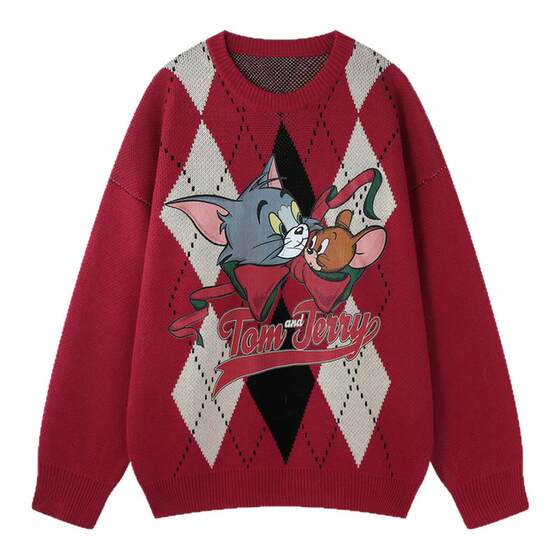 
[Tom and Jerry joint] BJHG reckless rhombus red sweater men's winter couple's wool sweater