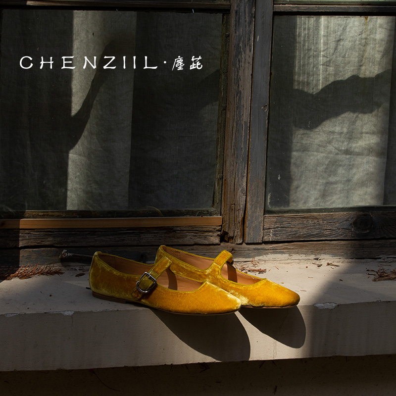 CHENZIIL塵茈 限定日本真丝绒 法式玛丽珍单鞋奶奶鞋真皮底手工鞋