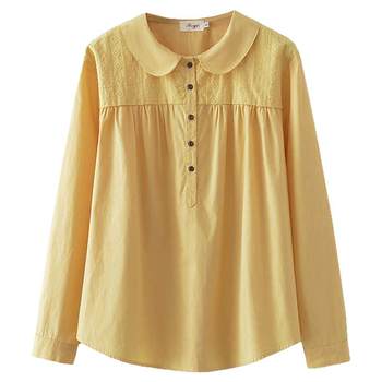 Large size women's pure cotton long-sleeved shirt French spring and autumn style
