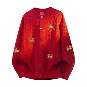 
Charles Love Heart Year of the Horse Zodiac Red Couple Winter Cartoon Print Twist Texture Knitted Cardigan Sweater for Men