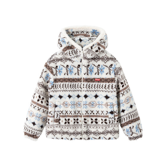 
SprayGround Shark Mouth Fair Isle imitation sherpa hooded cotton coat for men and women winter couple warm coat