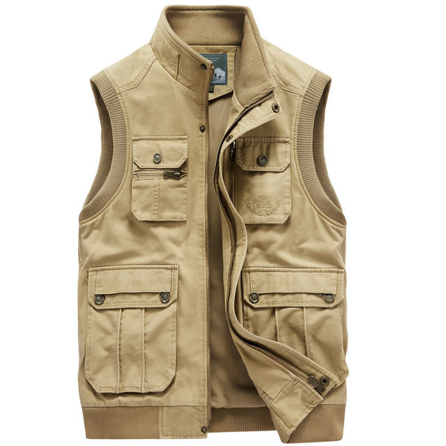 ພາກຮຽນ spring ແລະດູໃບໄມ້ລົ່ນໃຫມ່ vest ຜູ້ຊາຍ workwear ຫຼາຍກະເປົ໋າຖ່າຍຮູບການຫາປາ vest ຝ້າຍບໍລິສຸດຜູ້ຊາຍ waistcoat stand-up collar vest ສໍາລັບຜູ້ຊາຍ