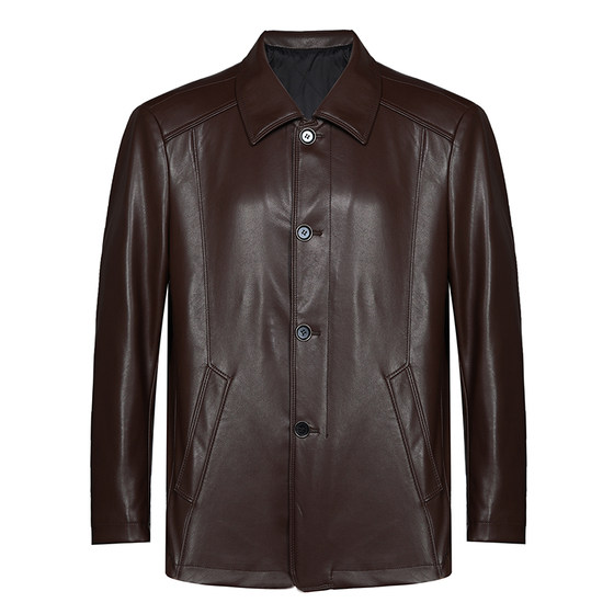 
Pier Cardin genuine leather leather jacket for men with velvet lapel sheepskin medium-length single-breasted middle-aged and elderly daddy jacket