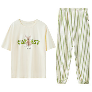 Red bean couple pajamas in summer thin pure cotton slim and cool feeling cotton pullover short-sleeved men and women's home clothes set