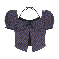 Girl Fighting Sweet Blue Purple Plaid Puff Sleeve Shirt Summer