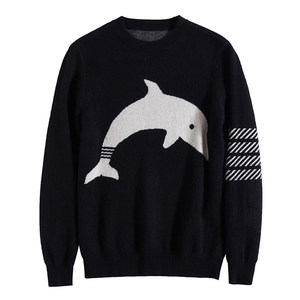 
Dolphin pattern 100 pure cashmere sweater for men black double-strand thickened round neck winter youth sweater versatile classic style