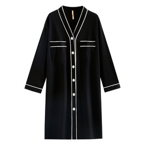 Jialefen nightdress Women's pajamas skirt spring and autumn, pure cotton spring and summer large size shirt, cardigan shirt, long high -level sense