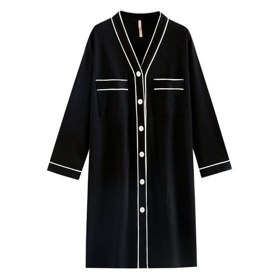Jialefen nightdress Women's pajamas skirt spring and autumn, pure cotton spring and summer large size shirt, cardigan shirt, long high -level sense